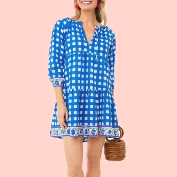 SZ Blockprints Tuckernuck Priya Dress London Blue Gingham Sz S Beachy Boho - Picture 1 of 14